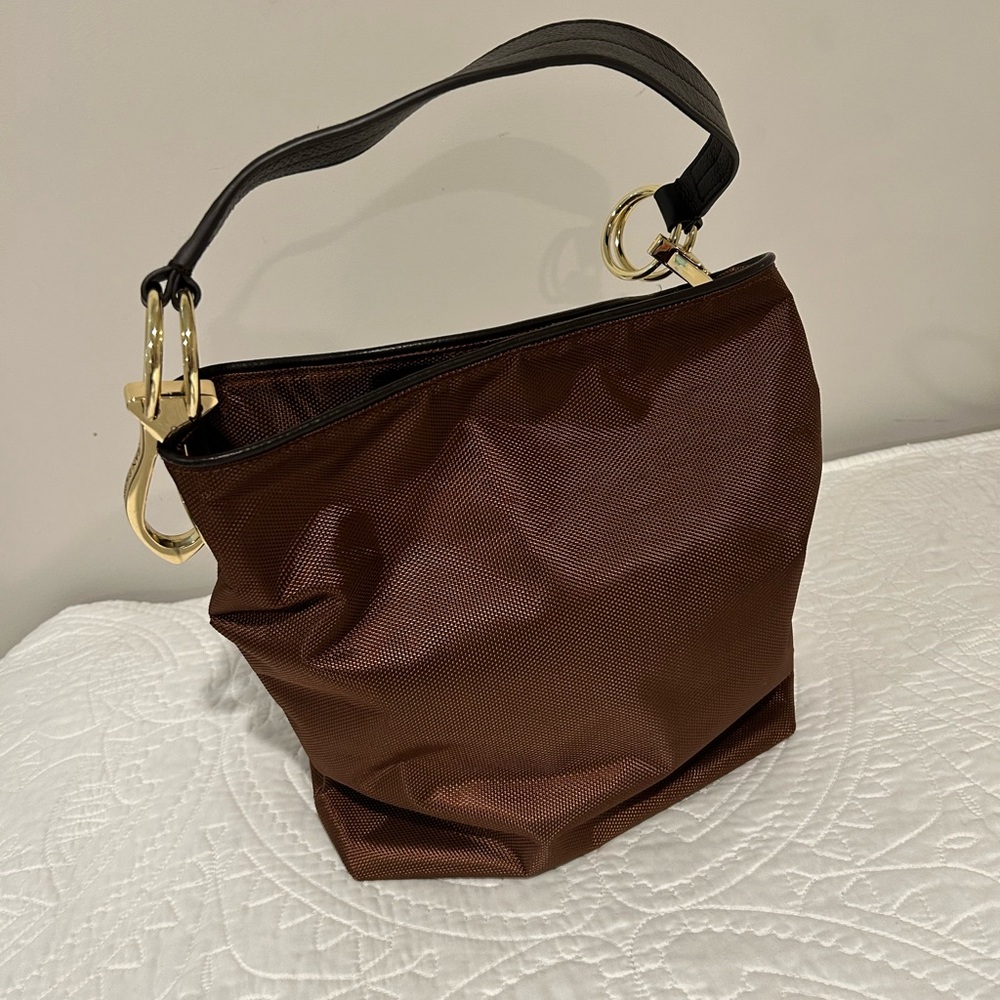Jean Pierre Klifa brown bucket, purse w gold accents and leather shoulder strap